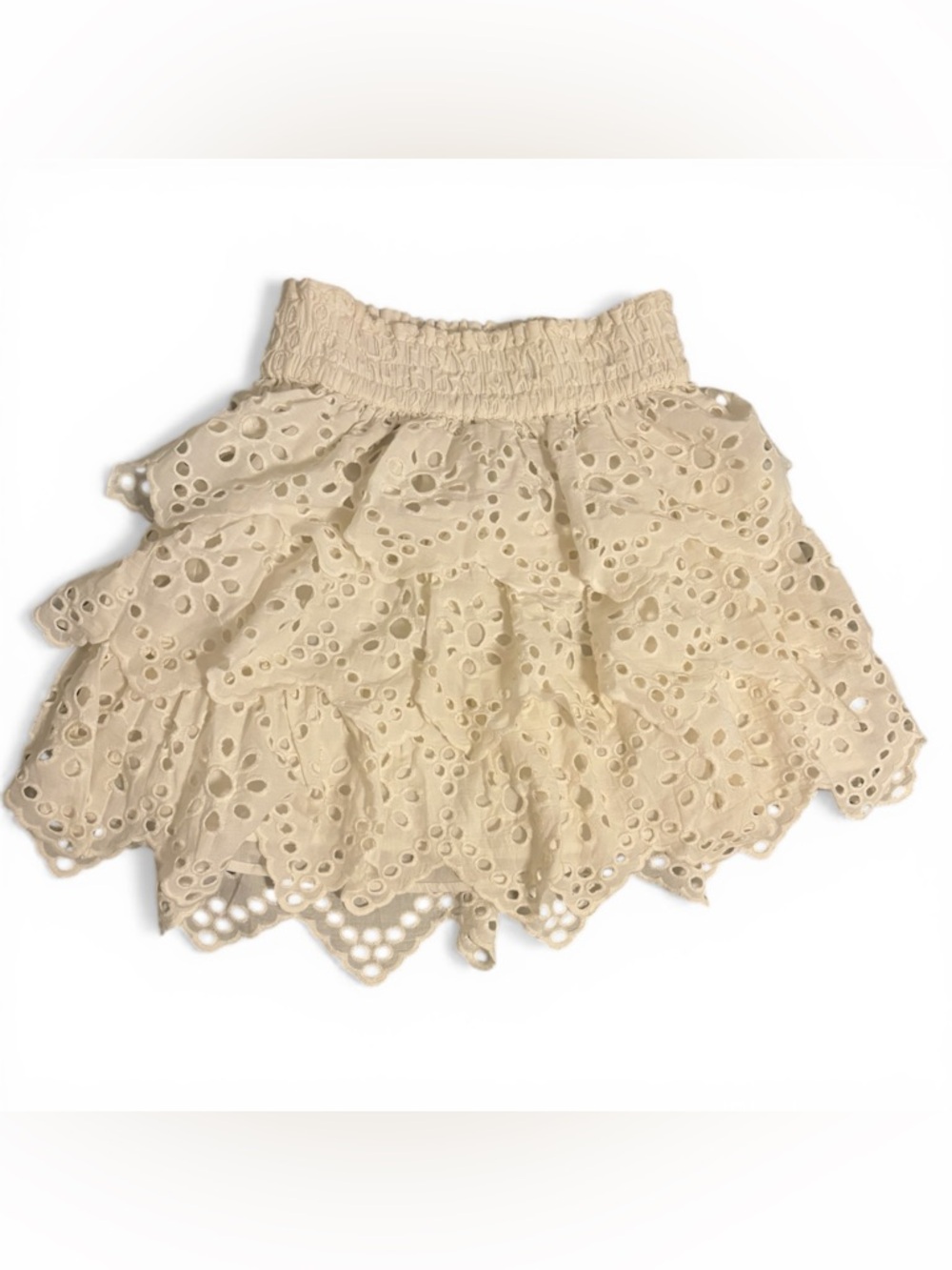Show Me Your Mumu Eyelet Lace Ruffle Mini Skirt White Cottagecore Boho Size S